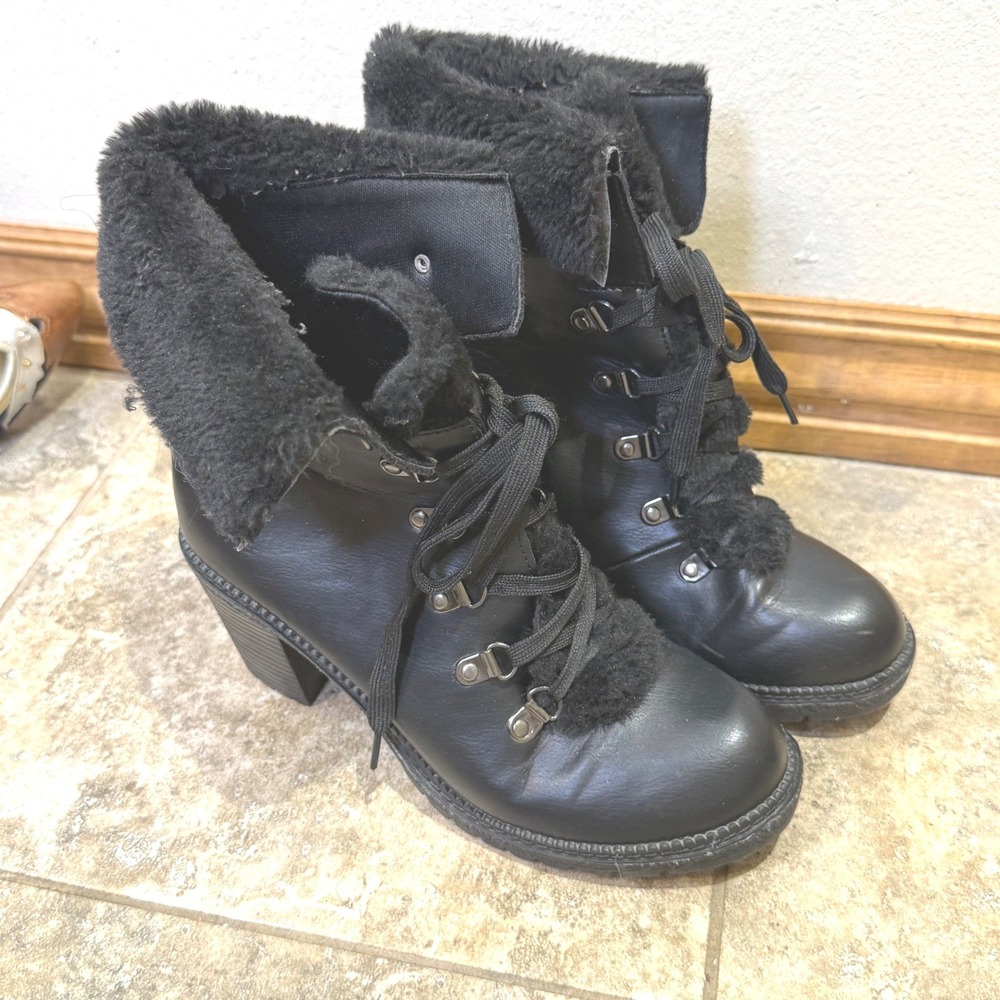 Black Faux‎ Fur Trim Heeled Combat Boots Y2K Moto Grunge 2000s